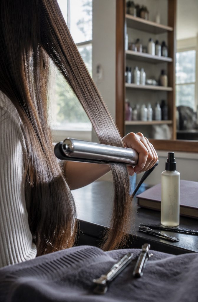 Hair beside a heat styling tool and hair care products
