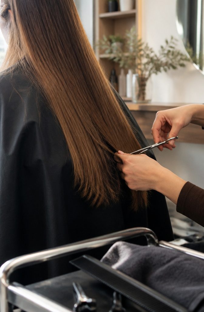 Long hair on a dark salon cape as shears trim the ends