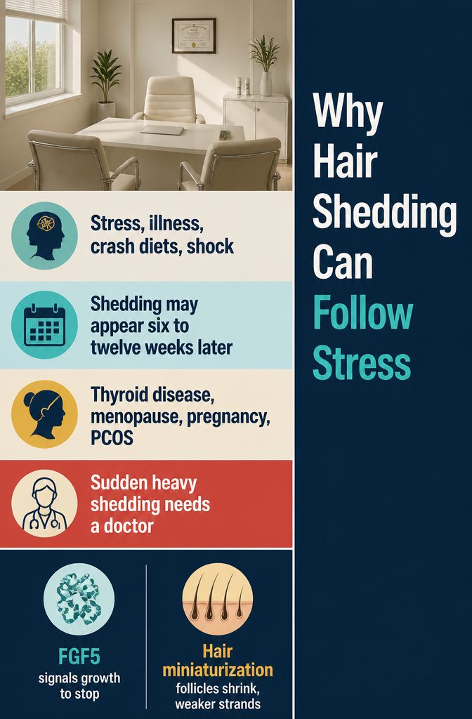 Beauty infographic titled Why Hair Shedding Can Follow Stress