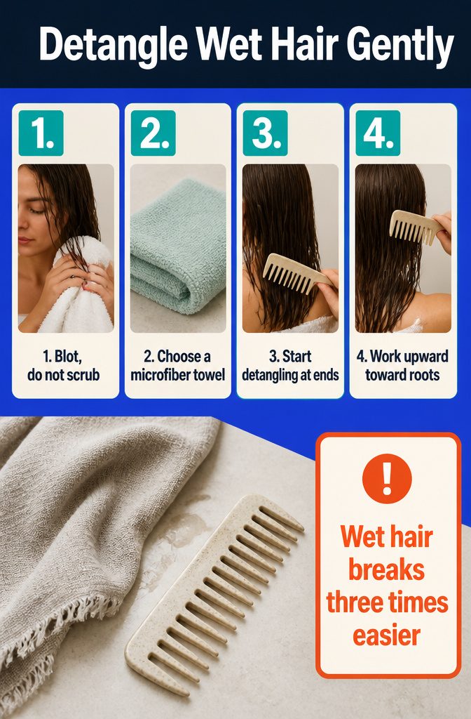 Beauty infographic titled Detangle Wet Hair Gently