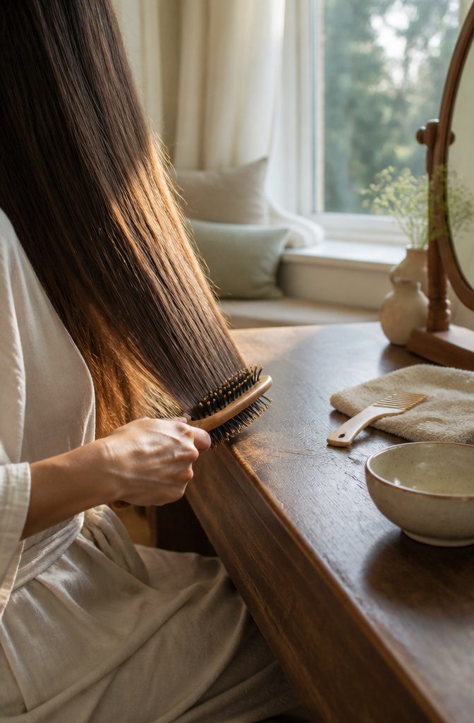 Cushioned brush with rounded prongs brushing the ends of long hair