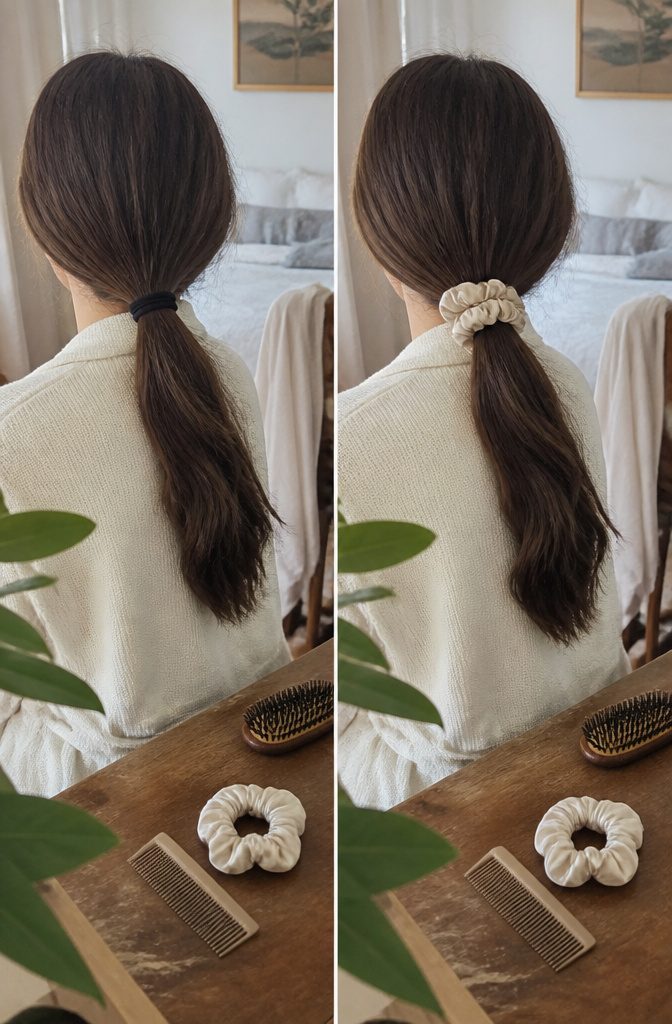 Hair gathered in a loose style with minimal tension