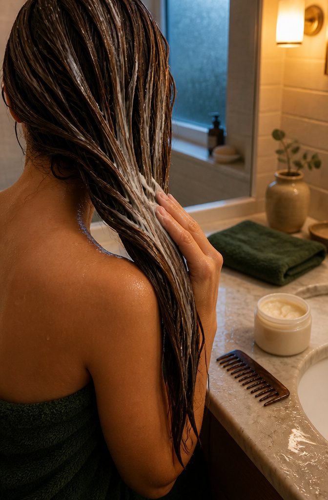 Hair with a deep conditioning treatment applied