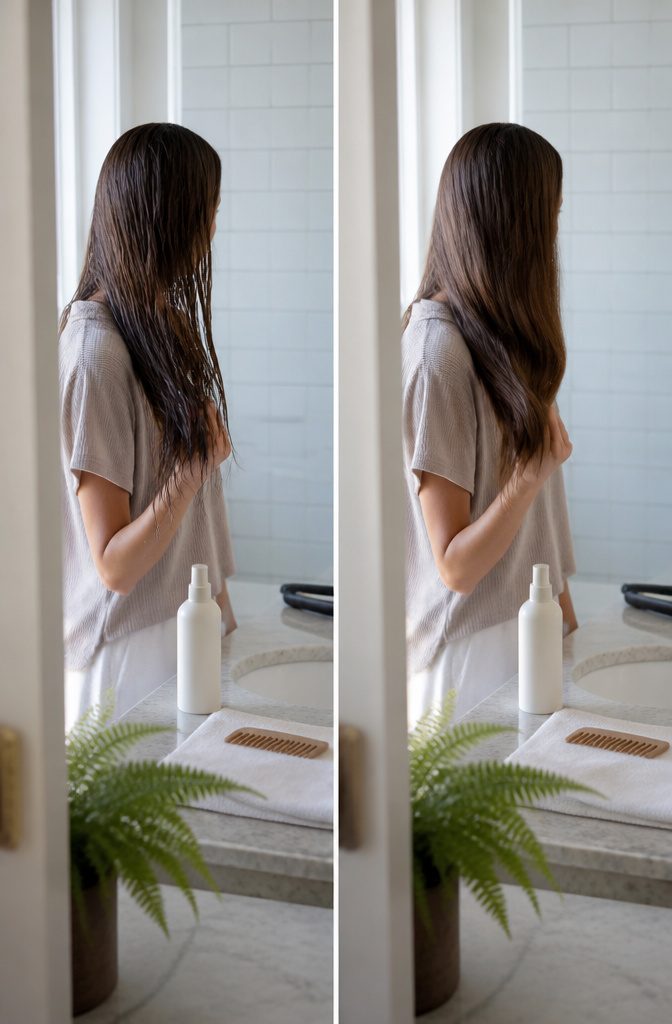 Hair being styled with a hot tool and heat protectant nearby