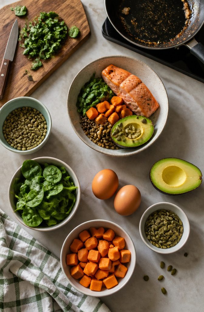 Eggs greens seeds and fruit arranged as foods that support hair health