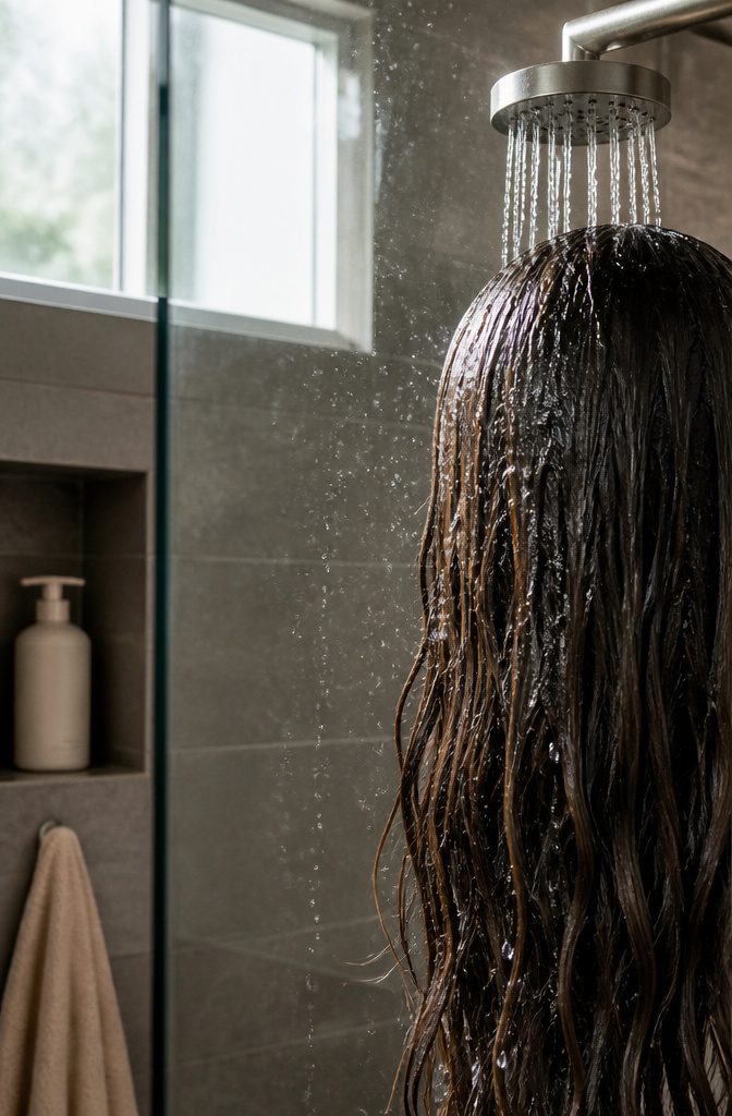 Long wet hair beneath a simple showerhead with water droplets