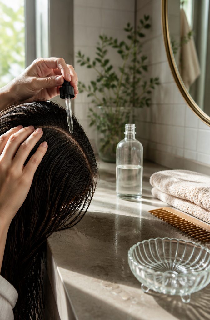 Sectioned dry hair with clear serum applied along the exposed scalp