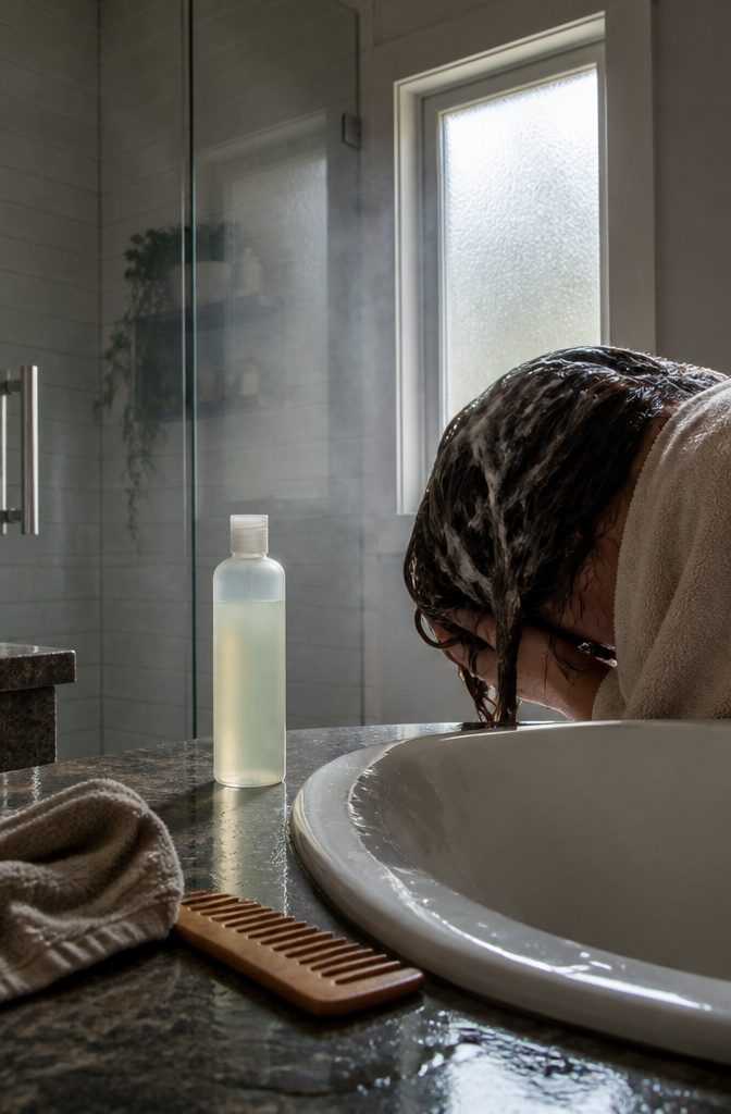 Unmarked shampoo bottle beside a wash basin and towel-wrapped hair