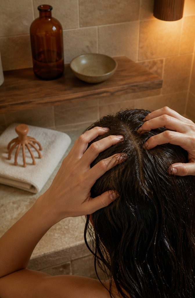 Hands massaging the scalp near the front hairline beside a scalp massager