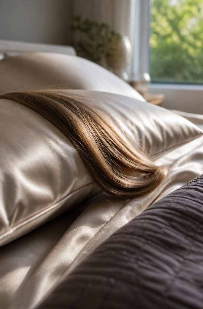 Hair resting on a smooth silk or satin pillowcase