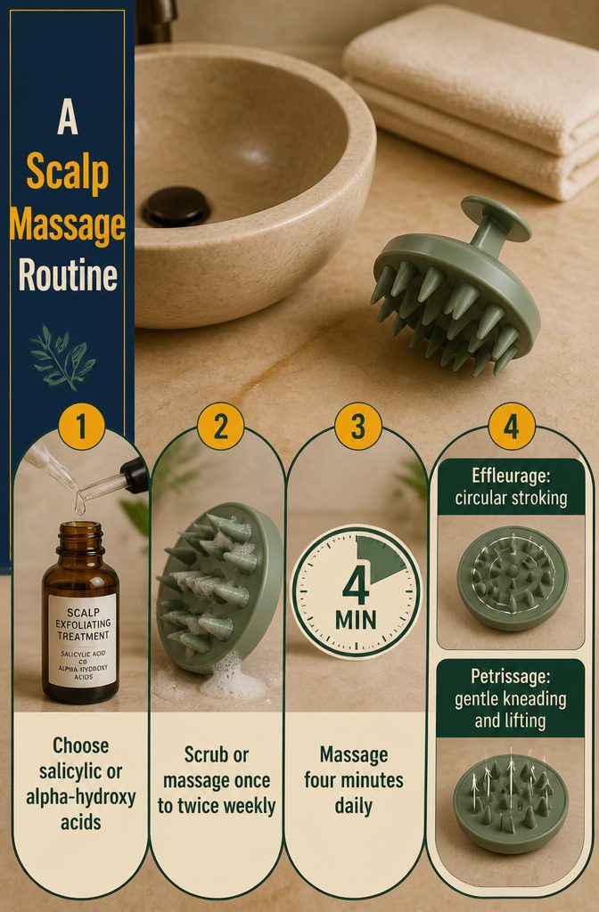 Scalp massage infographic titled A Scalp Massage Routine