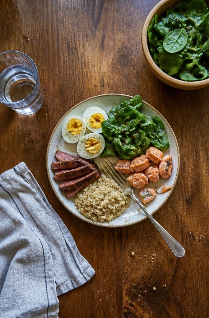 A plate of eggs leafy greens oily fish lean meat and whole grains