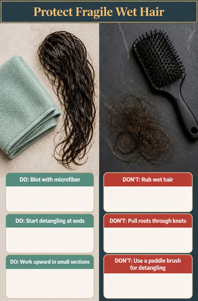 Wet hair care infographic titled Protect Fragile Wet Hair