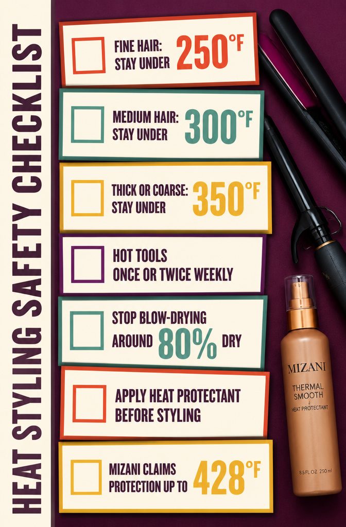 Heat styling infographic titled Heat Styling Safety Checklist