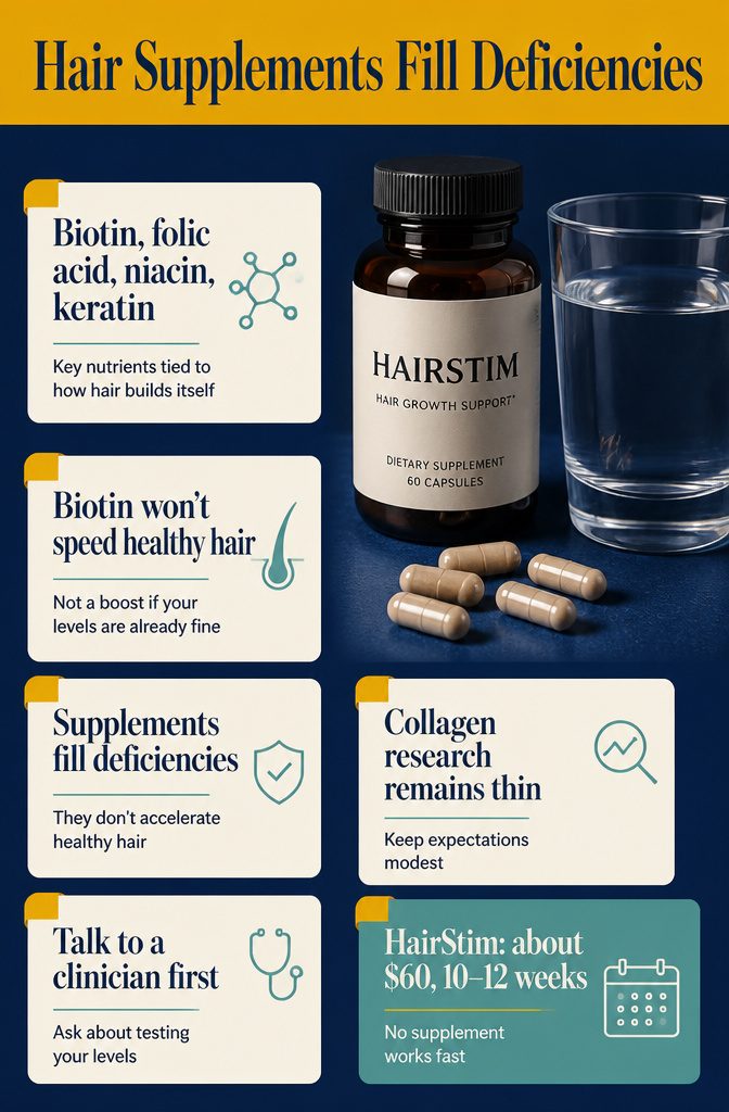 Hair supplement infographic titled Hair Supplements Fill Deficiencies