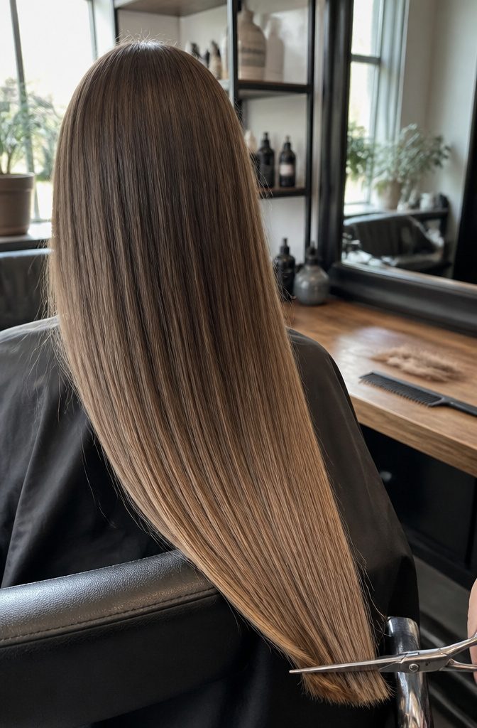Long color-treated hair with a frayed split end beneath salon scissors