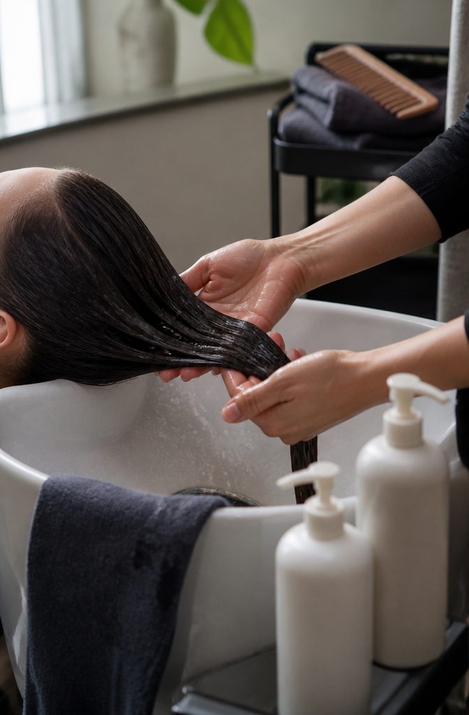 Wet hair rinsed at a salon basin beside plain shampoo and conditioner bottles