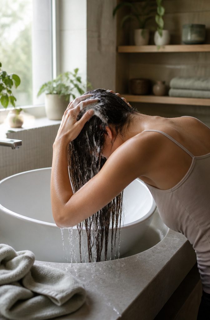 Woman leaning over a basin shampooing roots as long hair hangs below