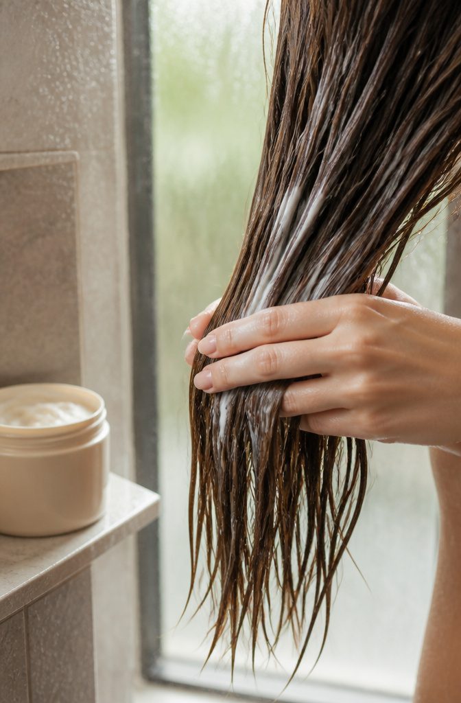 Hands applying conditioner through long hair from mid-shaft to ends