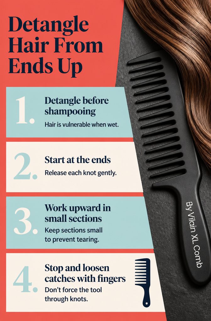 Detangling diagram showing a comb moving from hair ends toward roots