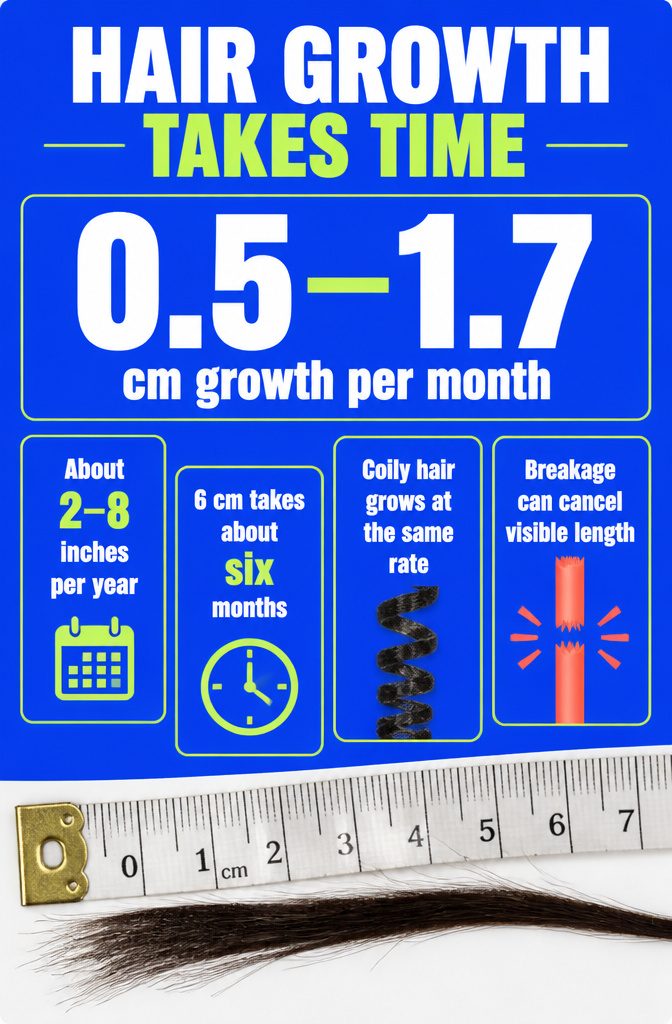 Hair growth timeline graphic with strands at different lengths