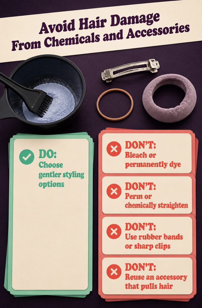 Hair care graphic showing chemical treatments and hair accessories