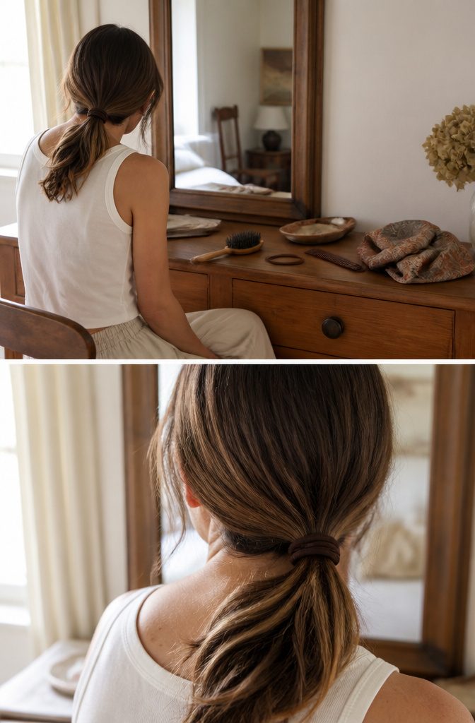 Person styling growing front hair away from the eyes