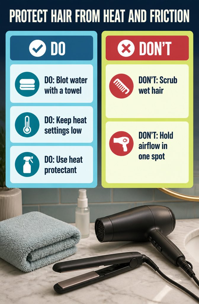 Hair care graphic illustrating heat and friction protection