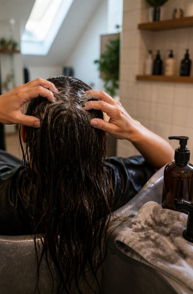 Fingertips making small circles on a wet scalp beneath parted hair