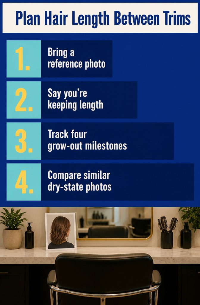 Hair length planning graphic with four grow-out milestones