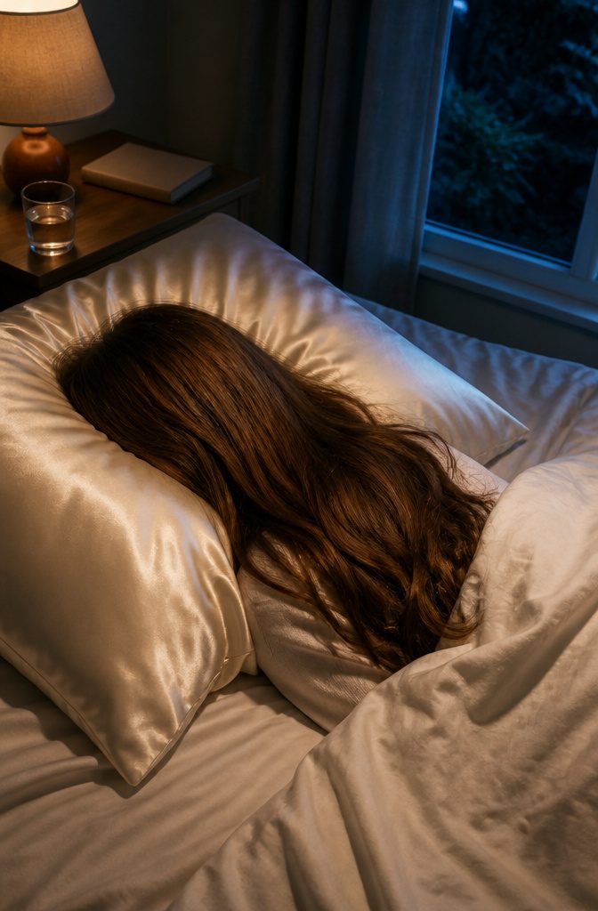 Long hair spread across a silk pillowcase