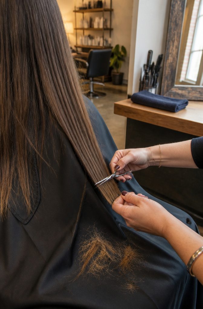Stylist trimming the last half inch from a section of long hair