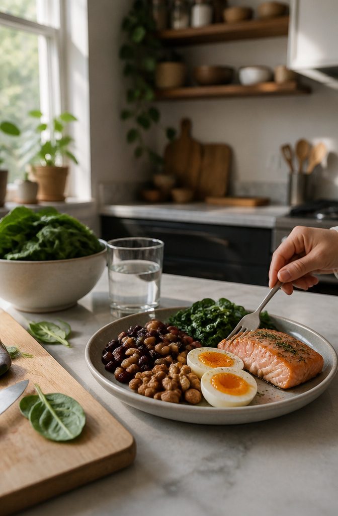 Plate of fish eggs beans spinach and nuts beside leafy greens and water