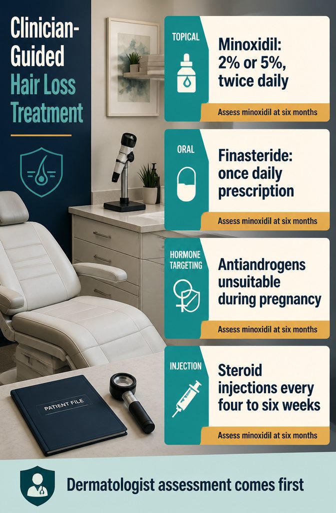 Hair loss treatment graphic presenting options guided by a clinician