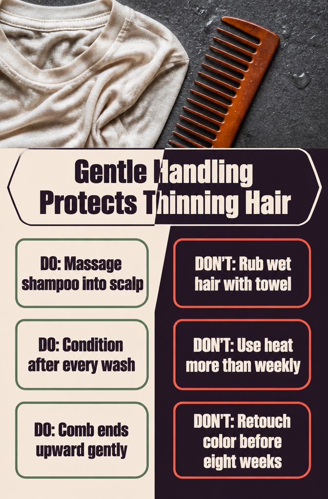 Hair care graphic showing gentle handling methods for thinning hair