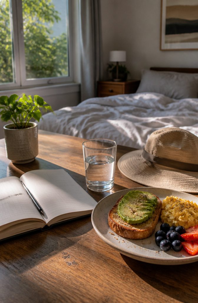 Exercise journal beside water balanced breakfast and folded sun hat
