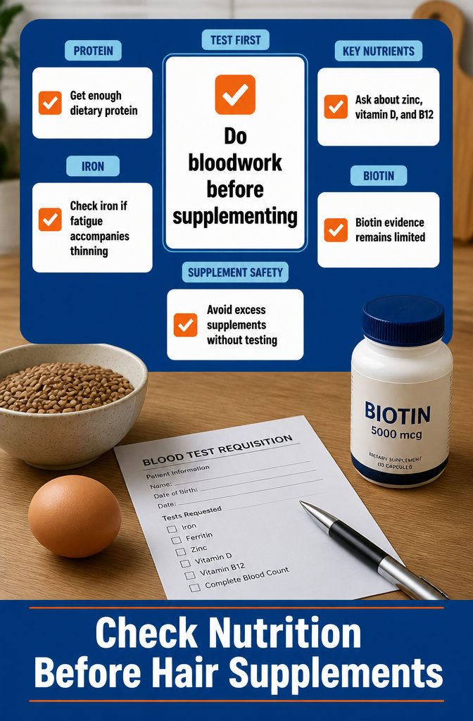 Nutrition graphic about checking for deficiencies before taking hair supplements