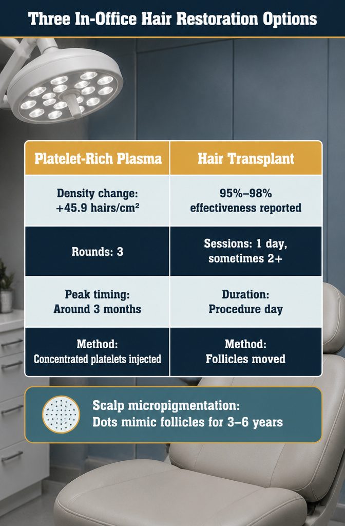Hair restoration graphic presenting platelet-rich plasma transplants and scalp micropigmentation