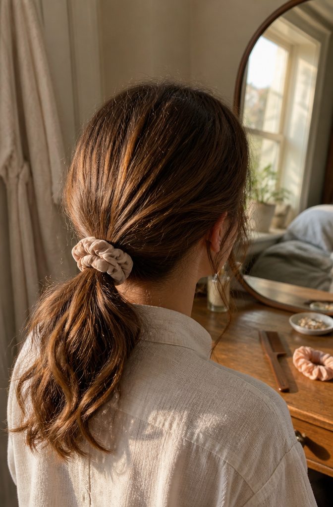 Loose ponytail gathered at the nape with a soft fabric scrunchie
