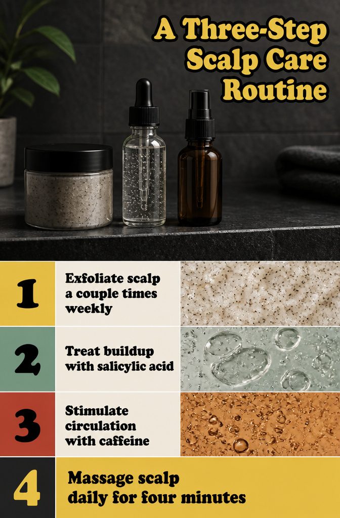 Scalp care graphic listing exfoliation treatment and massage steps