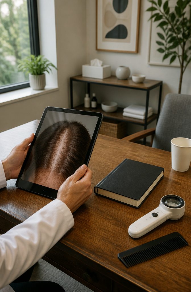Tablet displaying a widened hair part beside a closed unmarked notebook