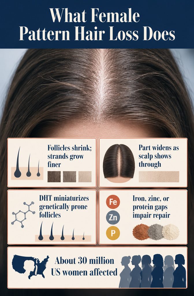 Female pattern hair loss graphic describing follicle shrinkage and visible scalp