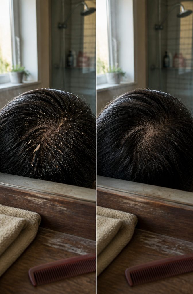 Dandruff treatment article photograph with flakes visible on a scalp
