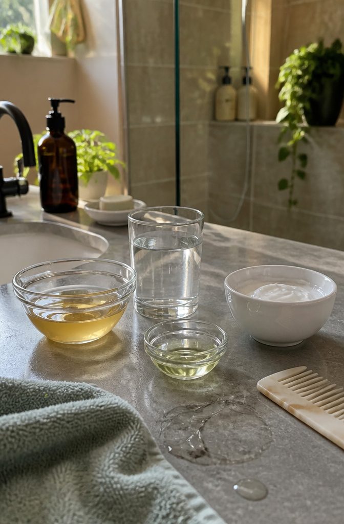 Apple cider vinegar water tea tree oil and conditioner in separate containers