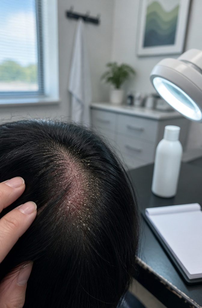 Scalp photograph accompanying advice about persistent dandruff symptoms