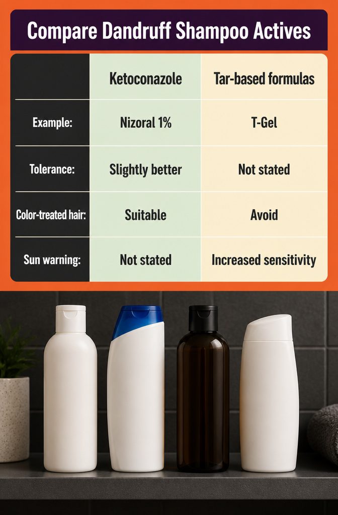 Beauty graphic titled Compare Dandruff Shampoo Actives
