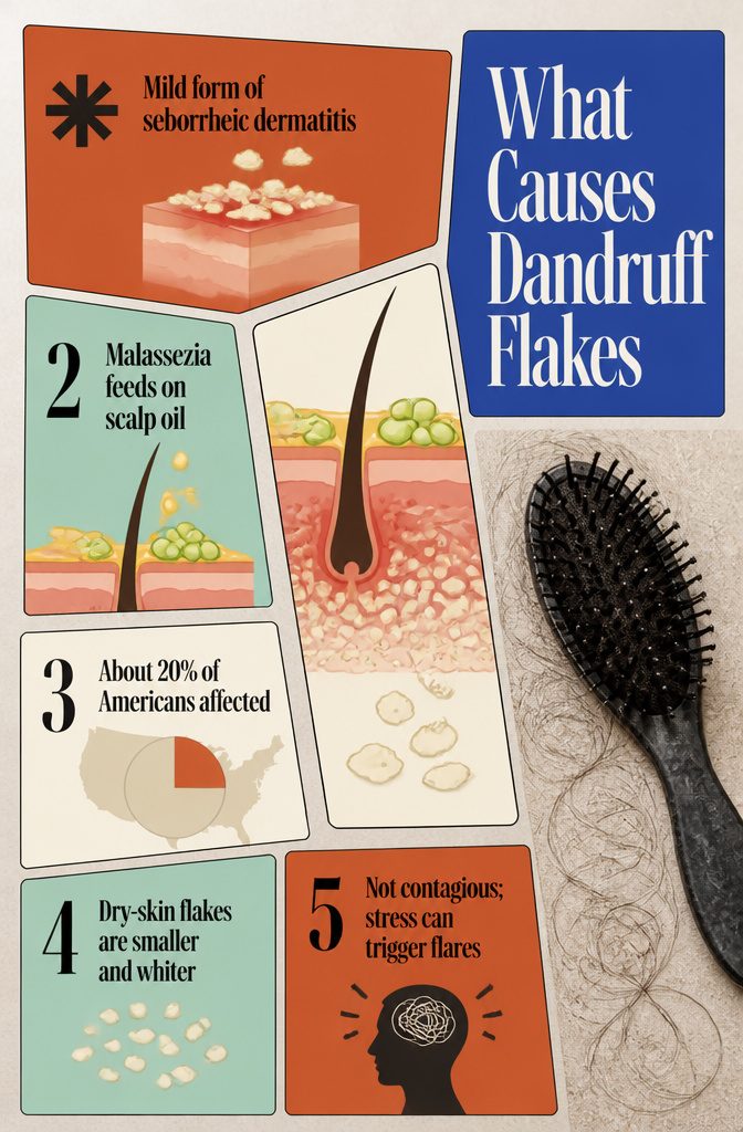 Beauty graphic titled What Causes Dandruff Flakes