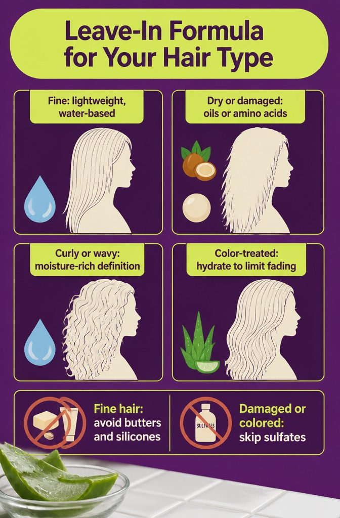 Leave-in conditioner formulas grouped by hair type