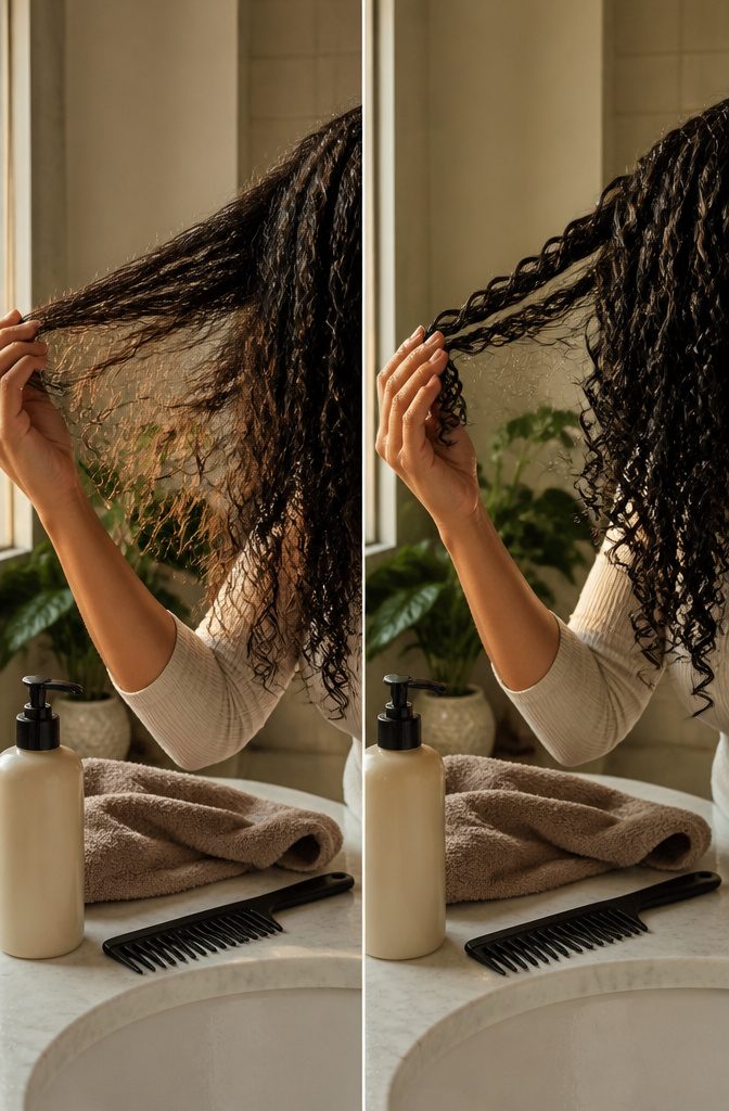 Wide-toothed comb moving through damp hair from the ends