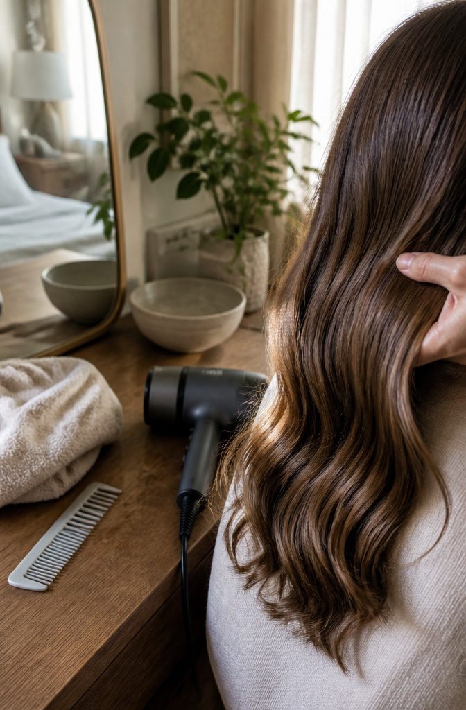 Nearly dry hair shaped into a wave beside a blow dryer and comb